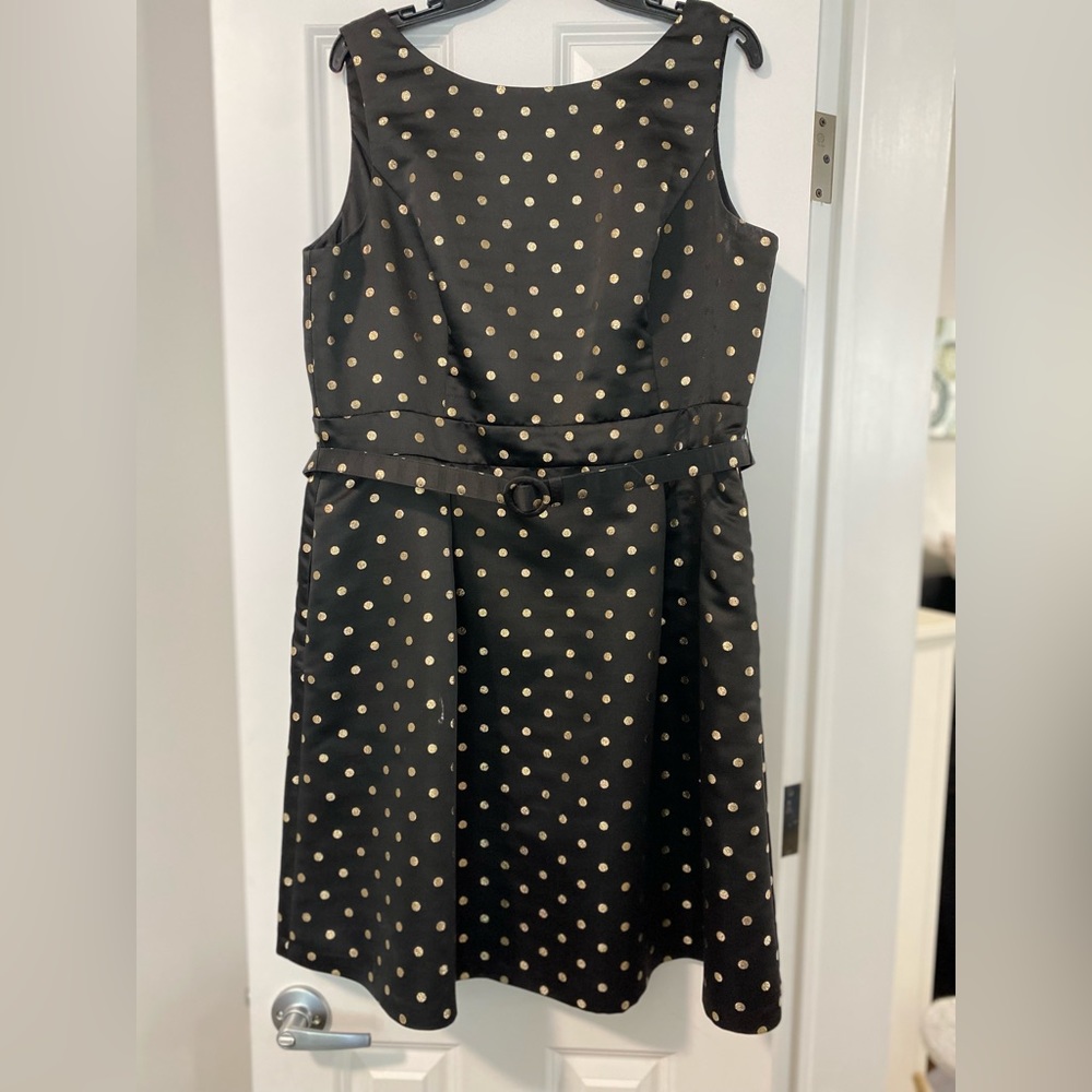 White House Black Market black and gold polka dot dress, size 16